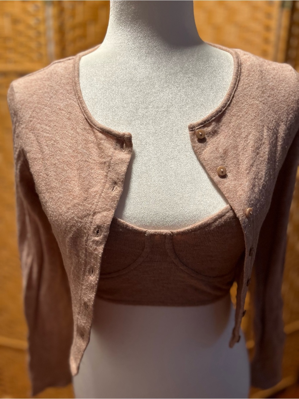 Zara Dusty Rose Knit Crop Cardigan & Bralette Set